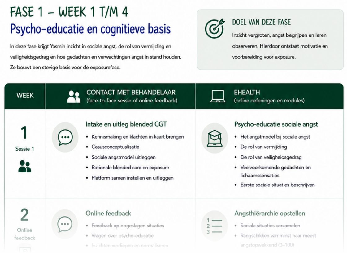 Uitsnede uit het trainingsmateriaal: fase 1 van de praktijkcasus, met per week het contact met de behandelaar naast de eHealth-onderdelen