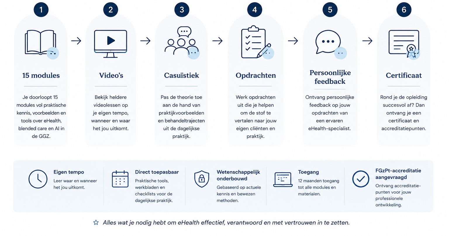 Overzicht van de opbouw van de training: modules, video's, casuïstiek, opdrachten, persoonlijke feedback en certificaat