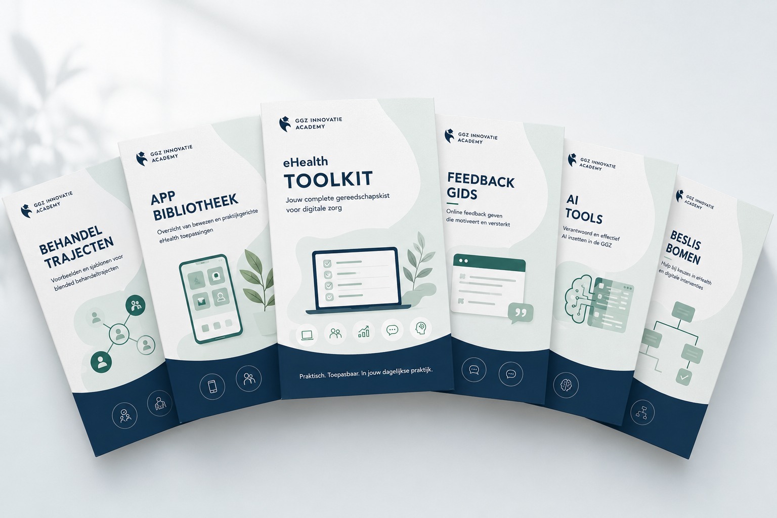 Overzicht van het lesmateriaal: behandeltrajecten, app-bibliotheek, eHealth-toolkit, feedbackgids, AI-tools en beslisbomen